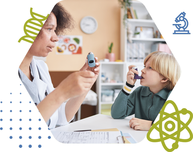 Doctor teaching kid how to use asthma tool