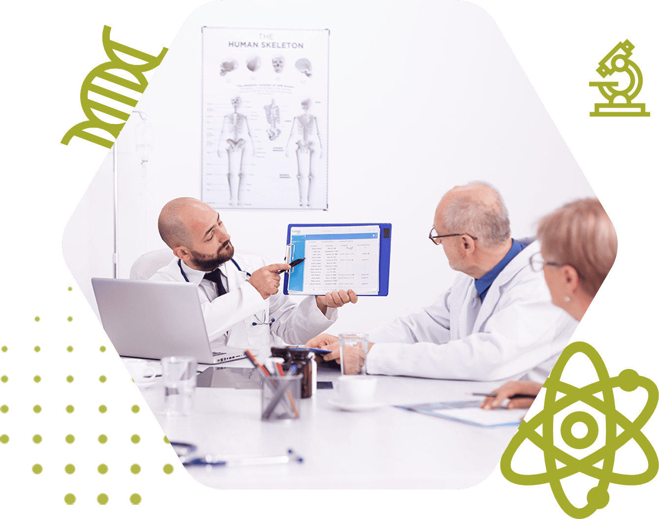 A doctor pointing at data on a clipboard while discussing with two colleagues in a medical office, with a human skeleton chart and science-themed icons in the background.