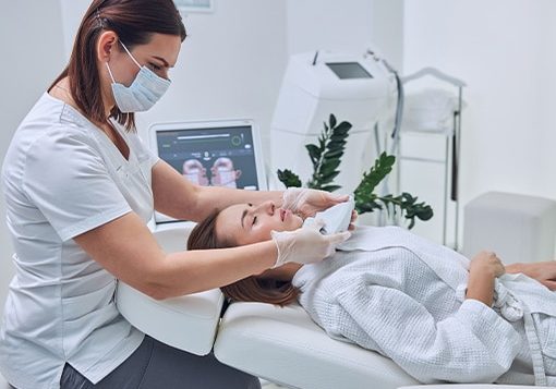 Aesthetician performing a facial treatment on a woman in a clinic.