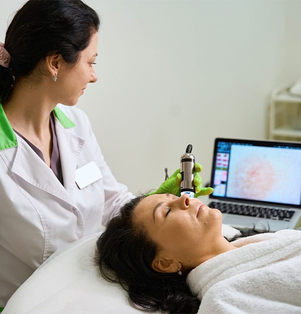 doctor mdoing dermatology and checking on screen