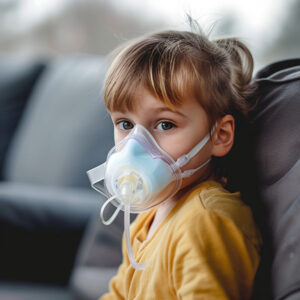 Young girl wearing respiratory mask
